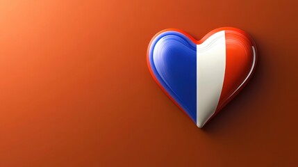 A Vibrant Heart Symbol Wrapped in the Colors of the French Flag on an Orange Background