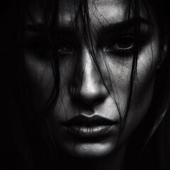 High-contrast portrait of a woman with wet hair and intense gaze.