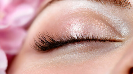 Closed eye with long lashes, floral background, beauty treatment