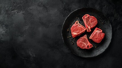 Four raw lamb chops are displayed on a textured black plate, showcasing their vibrant red color and meaty texture. Ideal for any culinary enthusiast interested in gourmet cooking