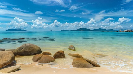 Beautiful tropical beach with white sand, turquoise water and granite boulders

