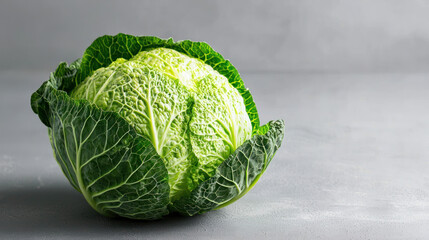 Fototapeta premium A Fresh cabbage head on soft grey background, showcasing its vibrant texture and color. Perfect for culinary use or branding