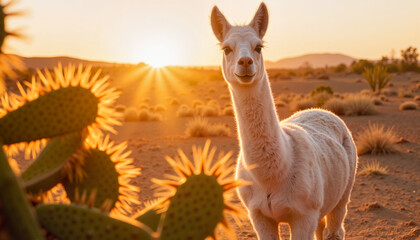 Cute llama smiling at sunset in desert landscape