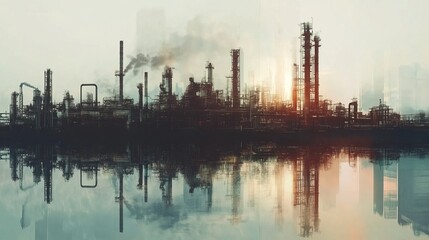 Naklejka premium Industrial Zone With Complex Pipeline Architecture Reflecting On Water Surface, Showcasing Urban Landscapes With A Futuristic Vibe.