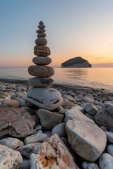 Stones on the beach at sunset. Seascape with ocean waves.