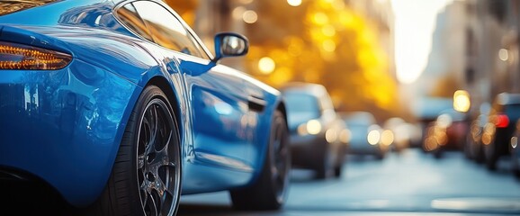 Gleaming blue sports car elegantly parked downtown reflecting cityscape in its shiny surface