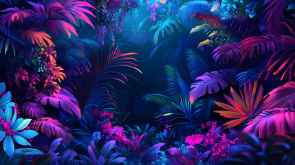 The neon tropical jungle is a vibrant and electric landscape, alive with neon colored foliage, glowing flowers. Lush Neon Rainforests. Illustration