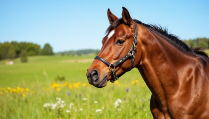 Obraz premium Brown horse standing in a lush green meadow