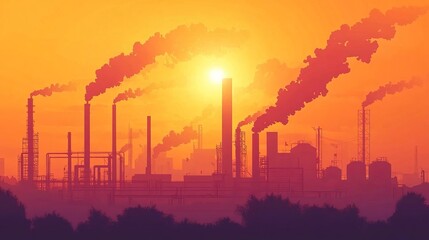 Industrial Plant At Sunset Emitting Smoke. Pollution Problem Concept, Industrial Landscape.