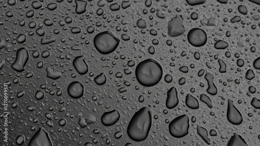 Poster Raindrops dot a smooth, dark surface, reflecting light and creating a stunning visual display. The droplets vary in size, each one a tiny world of its own, enhancing the tactile beauty of the surface