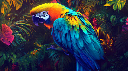 Obraz premium Vibrant plumage of a parrot radiates against lush green foliage in the rainforest, its neon blues, yellows, and oranges glowing with intense tropical beauty. Lush Neon Rainforests. Illustration