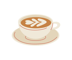 Hot coffee latte 3D cup illustration with latte art milk foam in cup mug. Americano cup, cappuccino or latte. Hot coffee cup modern cartoon 3D illustration