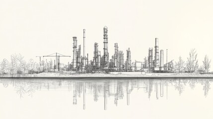 Obraz premium Industrial Landscape Sketch Of A Plant With Reflection In Water. Minimalist Style Design.