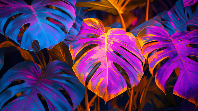 Vibrant tropical leaves in bold neon hues for modern interior design, creative branding, nature-inspired art, and vibrant event themes. Lush Neon Rainforests. Illustration