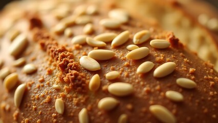 A close-up of multigrain bread's fibrous, seedy texture with visible seeds. Lighting highlights its hearty and wholesome texture.