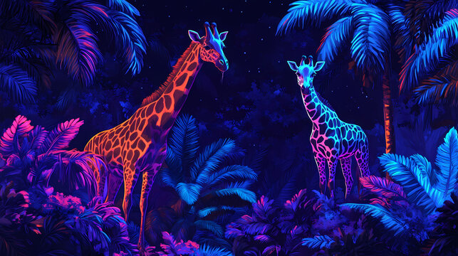 Vibrant zebra and giraffe drink peacefully beside lush tropical foliage bathed in neon light. ai generated. Lush Neon Rainforests. Illustration
