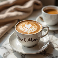 Obraz premium Cup of coffee with “Best Mom” text and heart-shaped foam art 