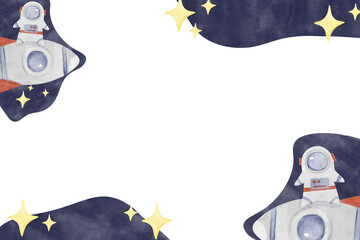 Horizontal Frame with Rockets and Astronauts in Night Sky with Stars, Watercolor Illustration Space Theme for Print, Web and Textile