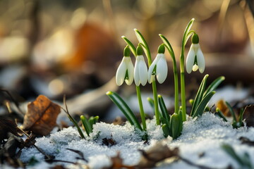 The first snowdrops are growing. Close-up shot of early spring