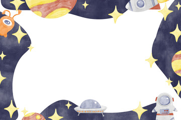 Colorful Watercolor Space-Themed Frame, Watercolor Illustration Kids Theme for Print, Web and Textile