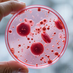 Red blood cells in petri dish held by scientist