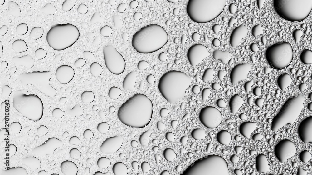 Poster glistening water droplets collect on a sleek, smooth surface, forming an artistic display of shapes 
