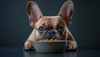 Fawn french bulldog intensely focused on bowl of food with captivating eyes and floppy ears