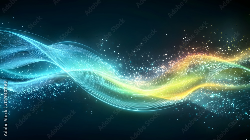 Poster Futuristic abstract background with blue and green data streams flowing dynamically through an illuminated cyber space  Glowing particles and wavy lines create a high tech digital