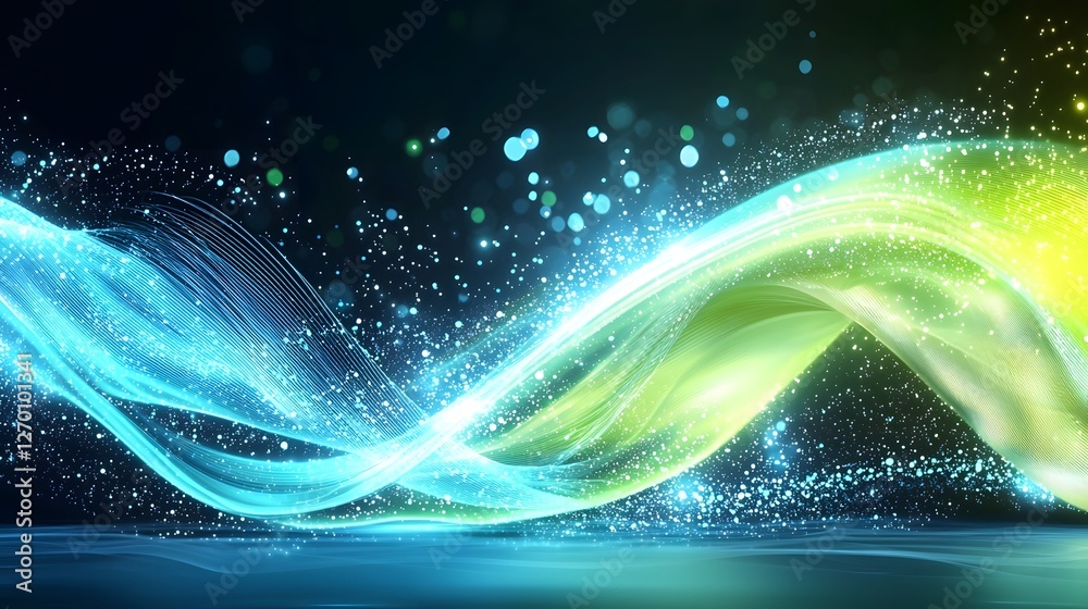 Poster Digital landscape with glowing light blue and green flowing data particles futuristic cyber technology and information network visualization