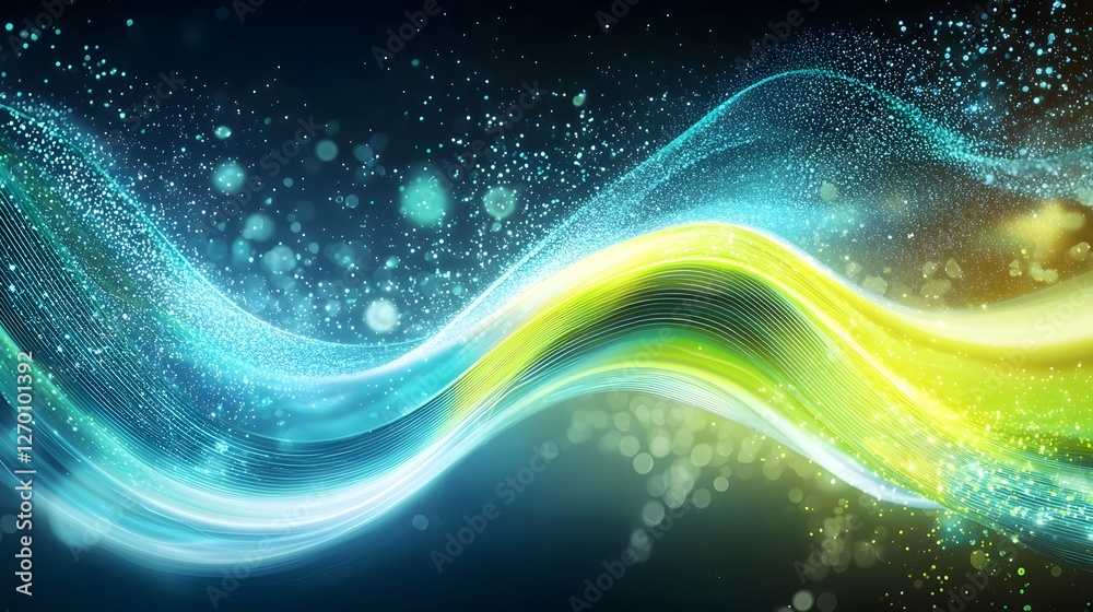 Poster Glowing neon blue and green light streaks with floating data particles and digital waveforms in motion against a deep perspective backdrop creating a futuristic cyber energy and innovation theme
