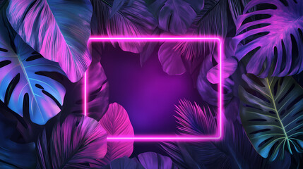 A modern illustration featuring a neon frame surrounded by lush tropical leaves, giving a radiant and inviting vibe. Lush Neon Rainforests. Illustration