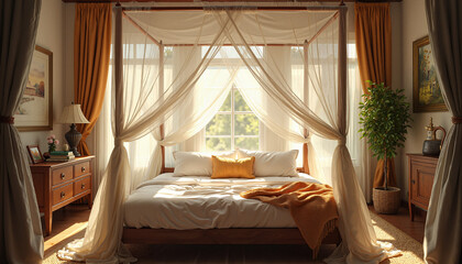 Cozy bedroom with canopy bed in warm sunlight