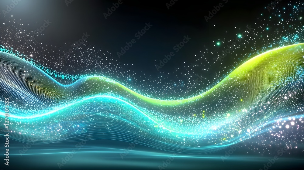 Poster Futuristic abstract digital network background with bright neon blue and green interconnected lines and data particles moving in a high tech environment