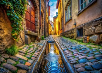 Fototapeta premium Rule of thirds captures Elsinore's alleyway; medieval cobblestones frame a captivating entrance.