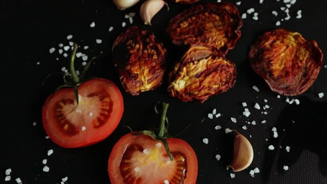 Slices of sun-dried tomatoes on black background with spices and salt