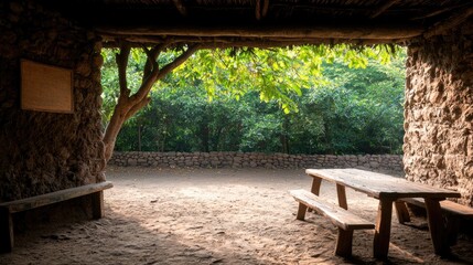 Obraz premium Rustic outdoor seating area under thatched roof, nature view, relaxation