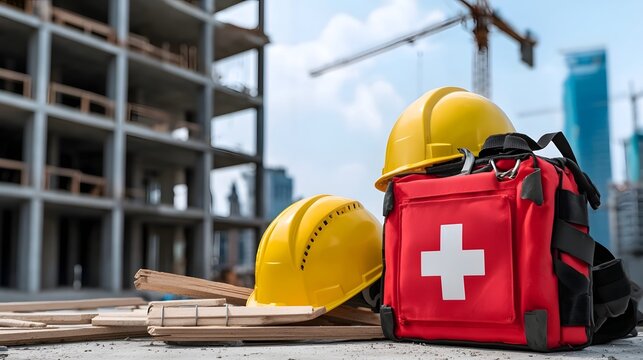 Well organized construction site with prominently placed safety helmet and first aid box representing preparedness and compliance with occupational health standards in the industrial workplace