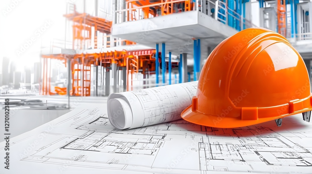Aufkleber close up view of architectural blueprints and a protective orange hard hat placed on a solid surface