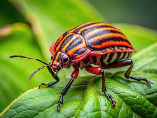 Fototapeta premium Rule of thirds composition highlights a vibrant Italian striped bug; a detailed red and black insect macro.