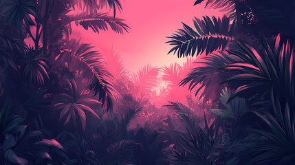 Pink neon square in lush tropical foliage. Lush Neon Rainforests. Illustration