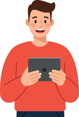 Smiling young man holding tablet in flat vector art style