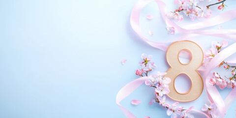 Gold number 8, pastel pink ribbons and flowers. Creative template for congratulation banner for March 8, International Women's Day