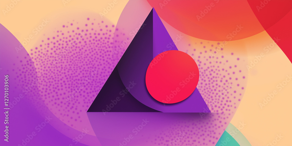 Poster Purple triangle overlapping red circle on colorful abstract background