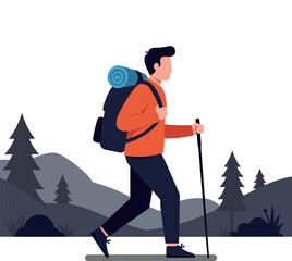 Hiker with backpack walking through mountains in flat vector art