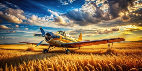 Rustic charm: a vintage crop duster airplane rests in a vast, sunlit field.