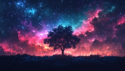 Naklejka premium Silhouette tree stands beneath a vibrant celestial canvas with swirling nebulas and starry skies