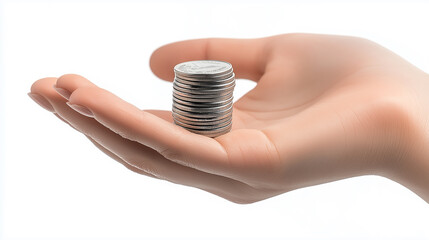 Hand holding stack of silver coins on white background
