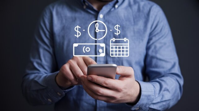 Man uses smartphone to manage his time and finances