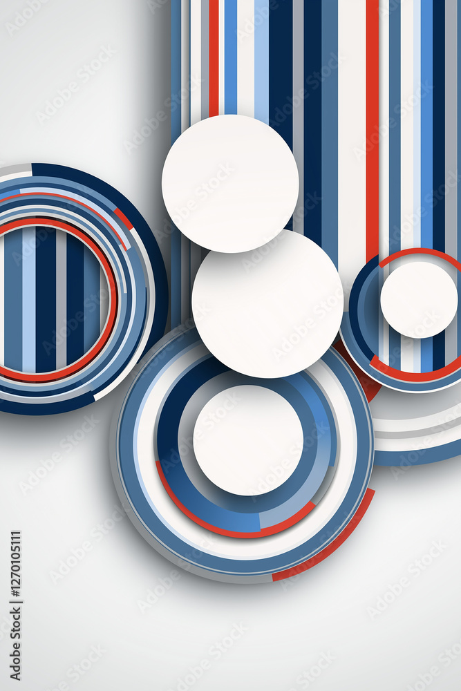 Poster abstract background showing intertwined circles and vertical stripes in shades of blue and red