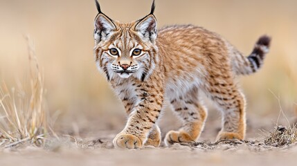 Obraz premium Eurasian lynx cub walking forward on dry ground in its natural habitat during daytime.